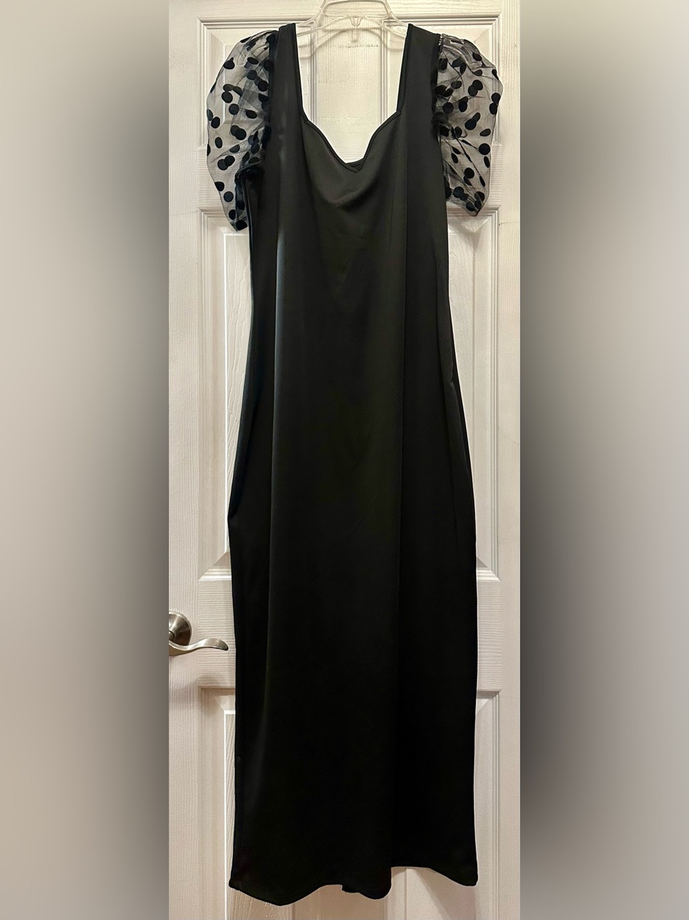 SHEIN Clasi Sweetheart Neck Polka Dot Mesh Puff Sleeve Dress. SHEIN Black Short